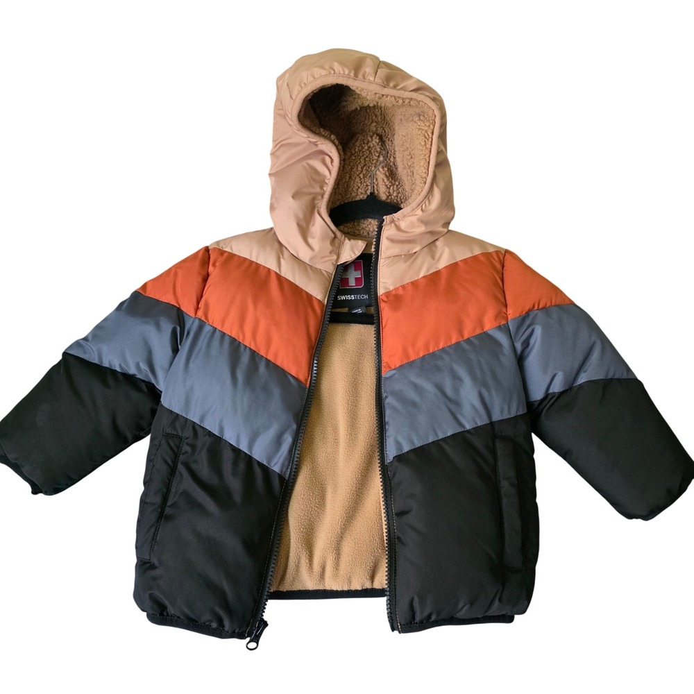 Swiss Tech Puffer Jacket Toddler 2T Multicolor Chevron Hooded Fleece Lined Coat